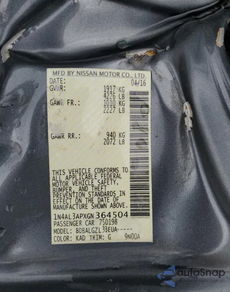 2016 Nissan Altima 2.5 z USA, uszkodzony, nr VIN 1N4AL3APXGN364504